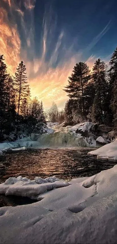 Snowy river in forest at sunset with colorful sky.