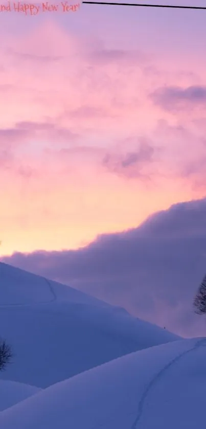 Serene winter sunset over snowy hills with trees silhouetted.