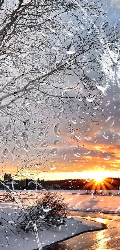 Winter sunset over a snowy river with a glowing sky.