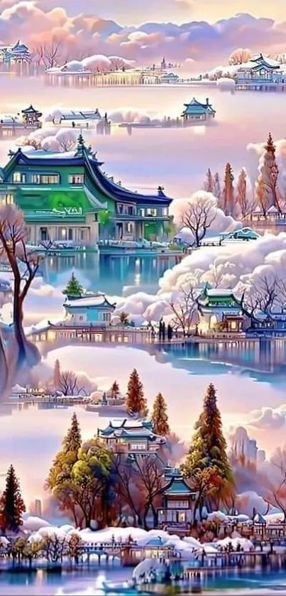 Serene winter village mobile wallpaper featuring snowy landscape.