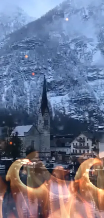 Winter village with snow-capped mountains and cozy fires.