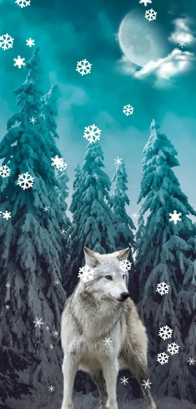 Majestic wolf in a snowy forest under a teal moonlit sky.