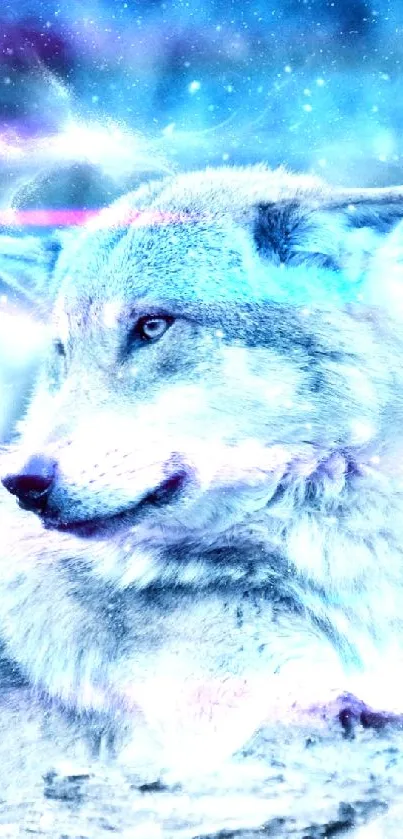 Majestic wolf in a snowy forest background.