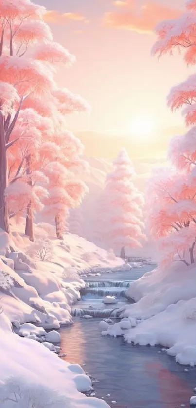 Snowy landscape with pink trees and stream under a soft pastel sky.