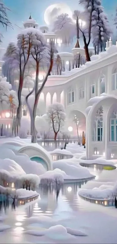 Fantasy winter wonderland with snowy landscape and serene architecture.