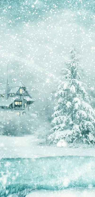 A serene winter landscape with a snowy tree and a cozy cabin.