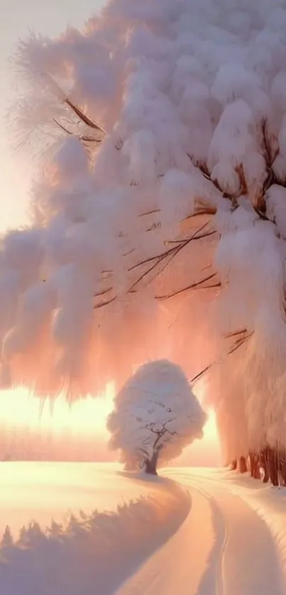 Snow-covered trees at sunrise create a serene winter wonderland.