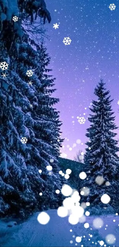 Snowy forest with snowflakes and night sky.