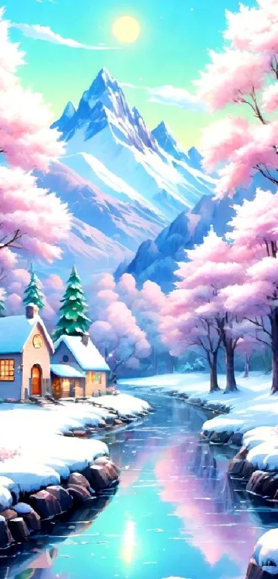Enchanting snowy landscape with cabin and mountains.