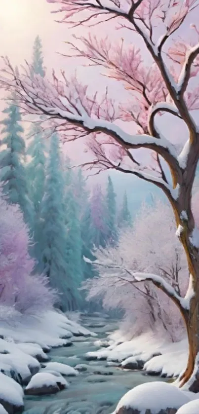 Winter scene with snow-covered trees and stream.