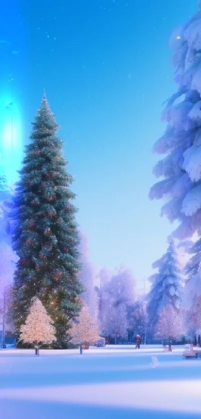 Snow-covered trees in winter wonderland under blue sky.