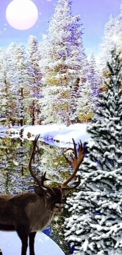 Winter scene with snowy trees and a reindeer by a tranquil river.