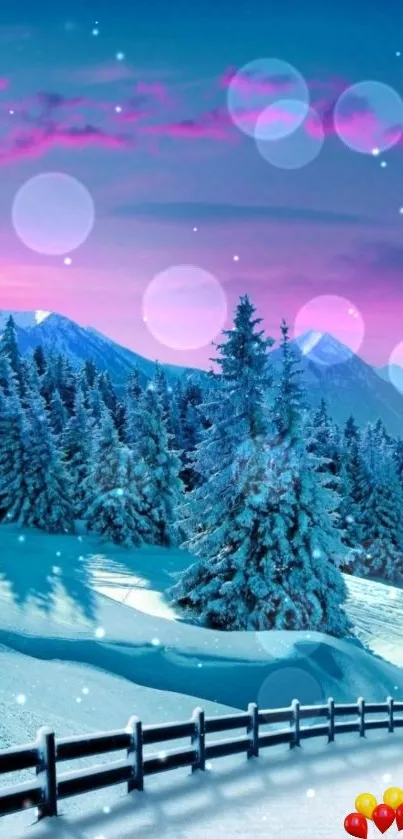 Snowy forest under a colorful sky at sunset with glowing bokeh lights.