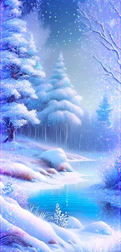 Serene winter landscape with snow-laden trees and a peaceful stream.