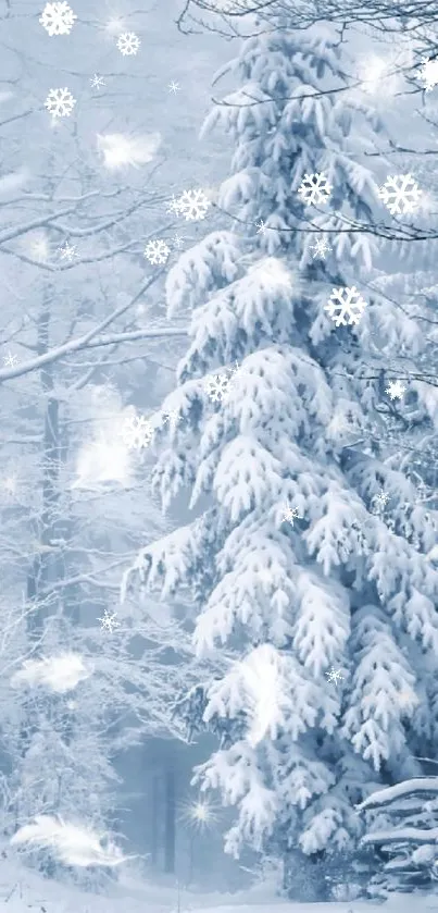 Serene snowy forest with snowflakes falling gently on trees.