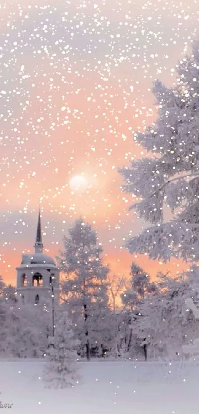 Winter landscape at sunset with snow-covered trees and chapel tower.