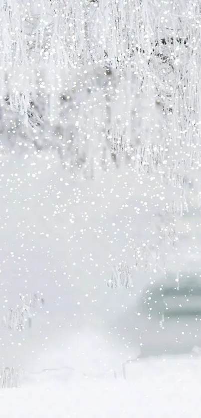 Serene winter wonderland wallpaper with falling snowflakes.