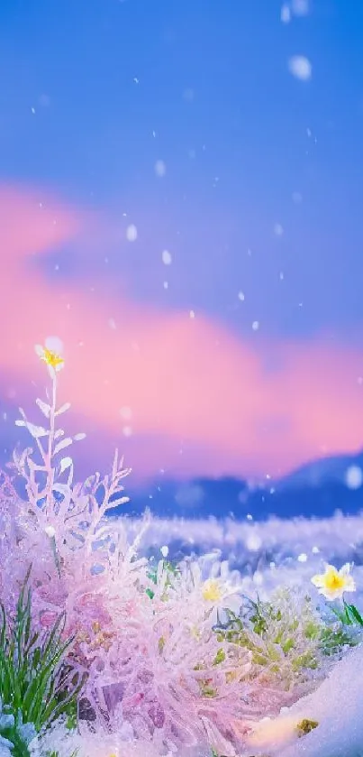 Serene winter landscape with snow and flowers under a pink sunset sky.