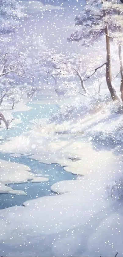 Serene winter forest with snow and river in blue hues.
