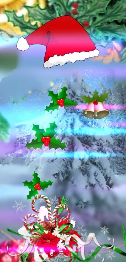 Winter landscape with full moon, snow, and festive holly.