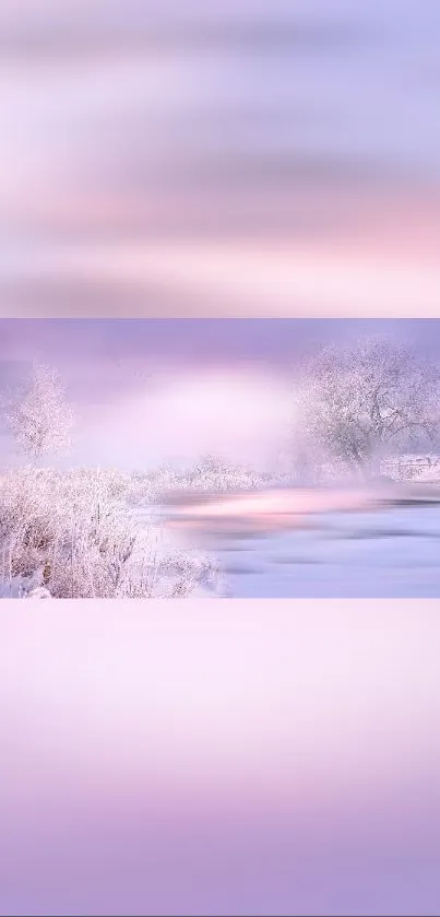 Serene winter landscape with soft purple and pink tones and snowy scenery.