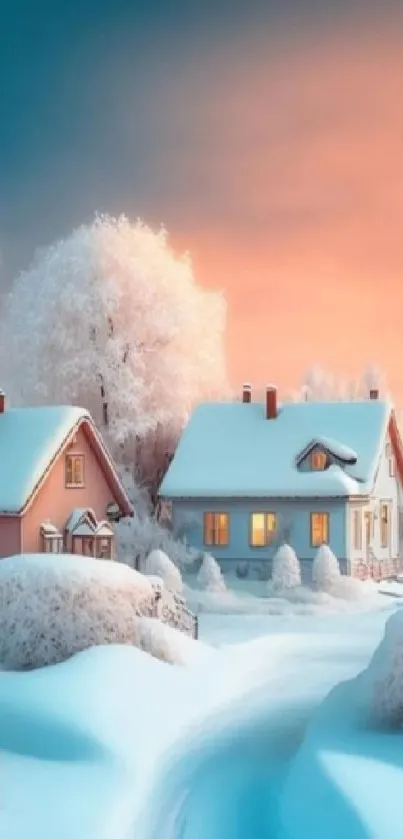 Winter wonderland with cottages and pastel evening sky.