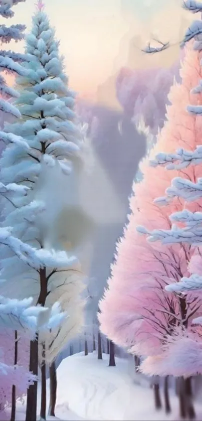 Serene winter forest with pastel trees.