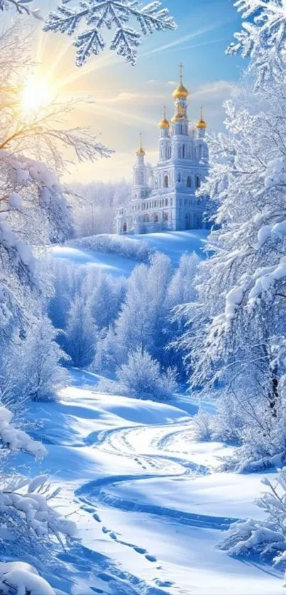 Snowy landscape with sunrise and golden-hued trees.