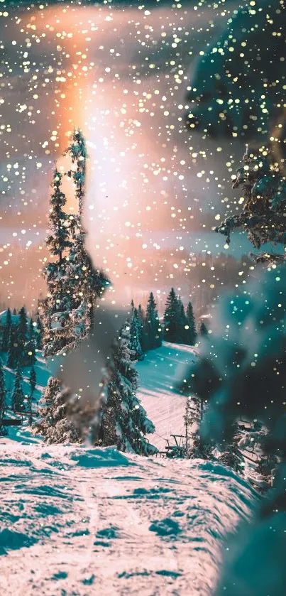 Beautiful winter scene with snow and sun halo over trees.
