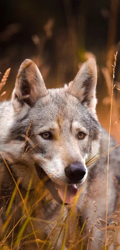 Serene wolf surrounded by tall golden grass.