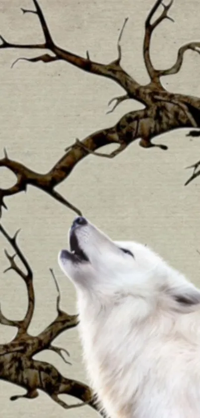 White wolf howling with artistic bare tree background on beige wallpaper.