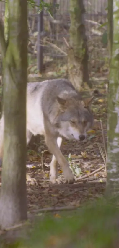 Lone wolf walking through a quiet, green forest landscape.