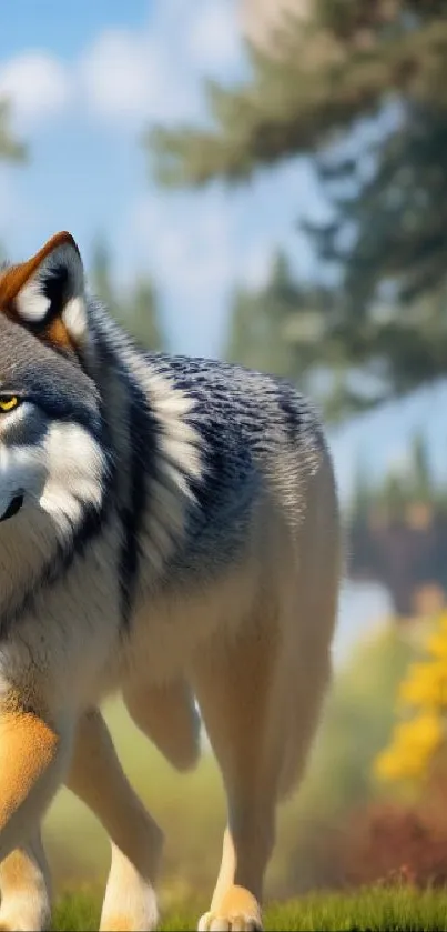 A serene wolf roaming in a lush forest landscape, perfect for nature enthusiasts.