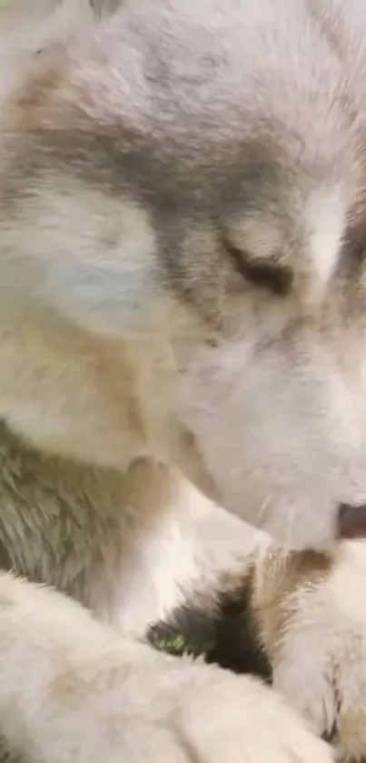 A serene wolf resting in natural surroundings with soft lighting.