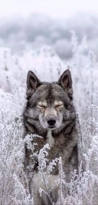 Majestic wolf standing tranquil in a snowy field, ideal for wallpaper.