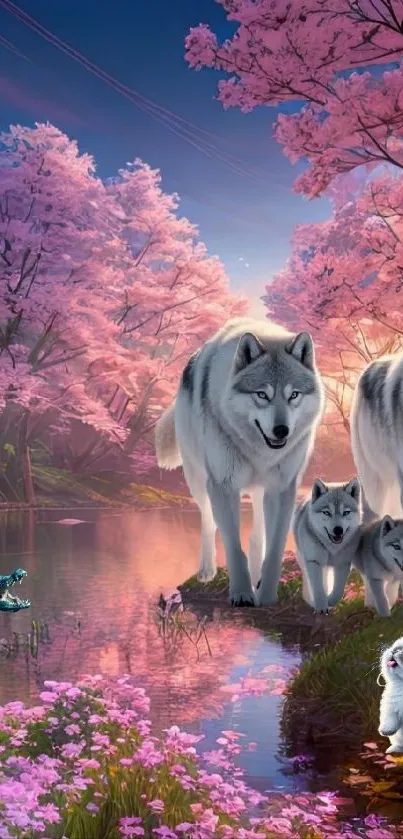 Serene scene of wolves by cherry blossoms and a calm river.