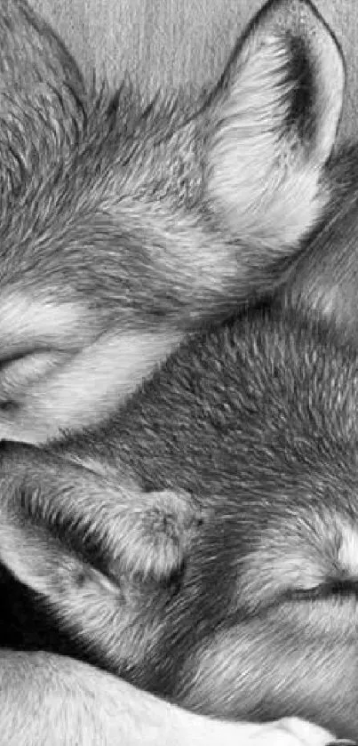 Grayscale pencil sketch of two resting wolves embracing.