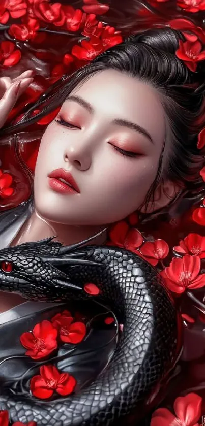 Serene woman with red flowers and black snake wallpaper.