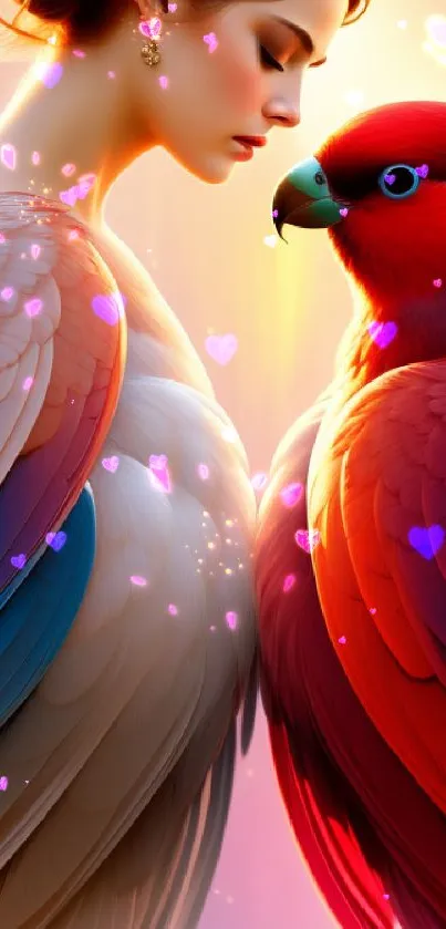 A serene woman with wings faces a vivid red parrot in a fantasy setting.