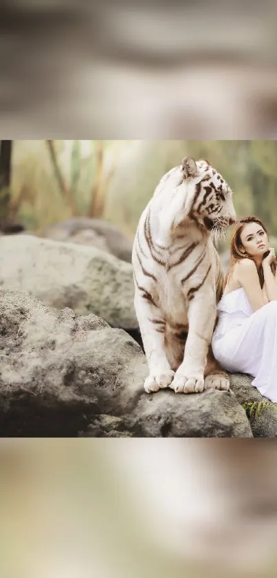 Woman in white dress sitting with white tiger in nature.