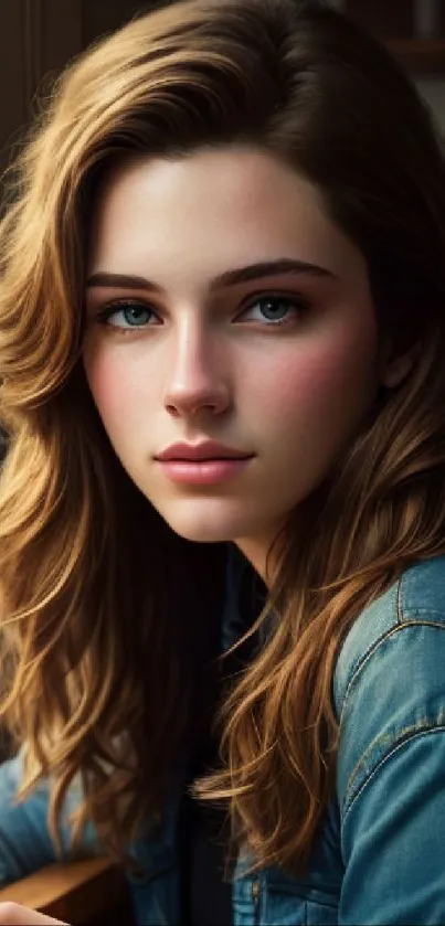 Serene woman in blue shirt sitting by a window with soft natural light.