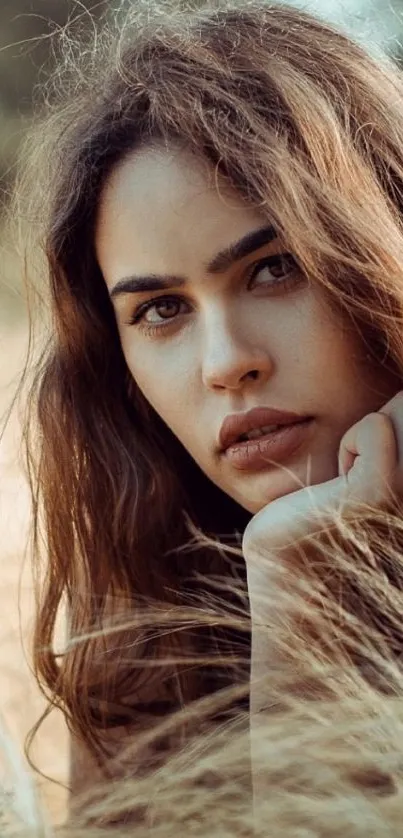 Portrait of a woman in a golden field, serene and natural setting.