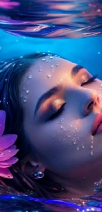 Serene woman underwater with flowers in vibrant blue and purple hues.