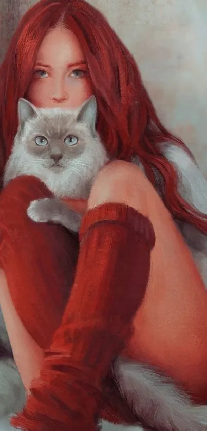 Woman with red hair holding a gray cat, art wallpaper.