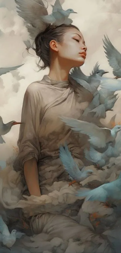 Artistic wallpaper of a woman surrounded by doves and clouds, conveying serenity.