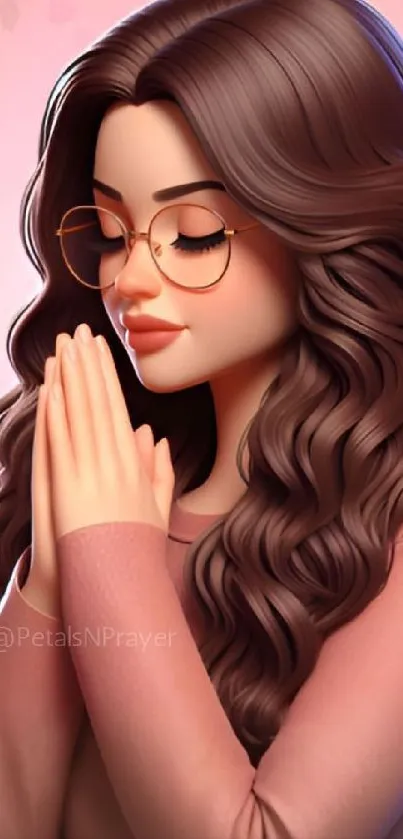 Artistic woman in prayer with long hair and glasses.