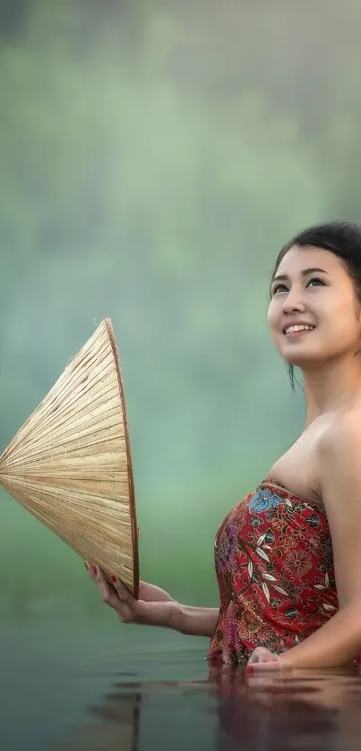 A serene woman holds a traditional sun hat in a calm, natural setting.