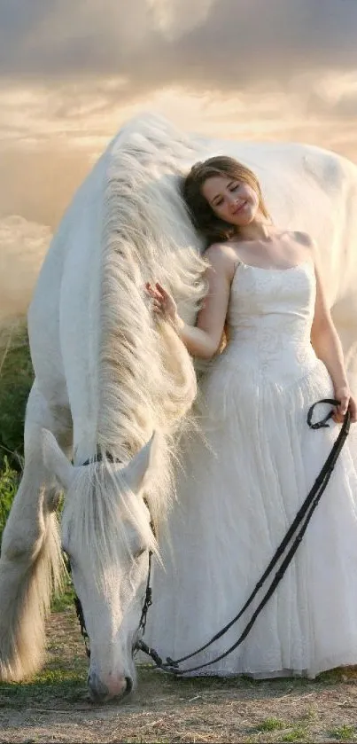 Bride in white dress with white horse outdoors.