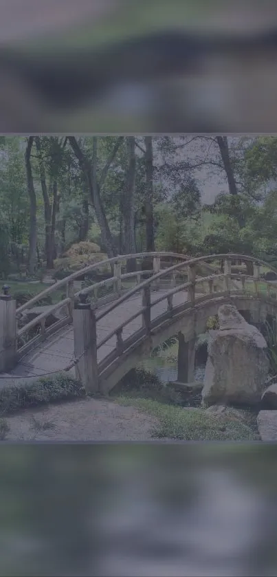 Serene mobile wallpaper of a wooden bridge over a green garden path.