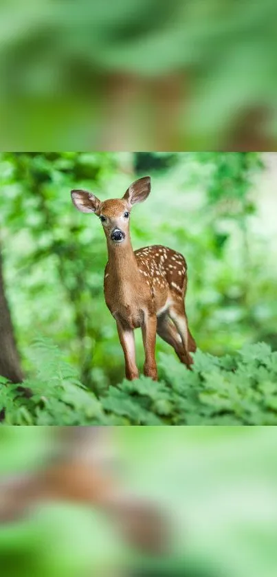 A young fawn stands in a lush green forest, surrounded by vibrant foliage.